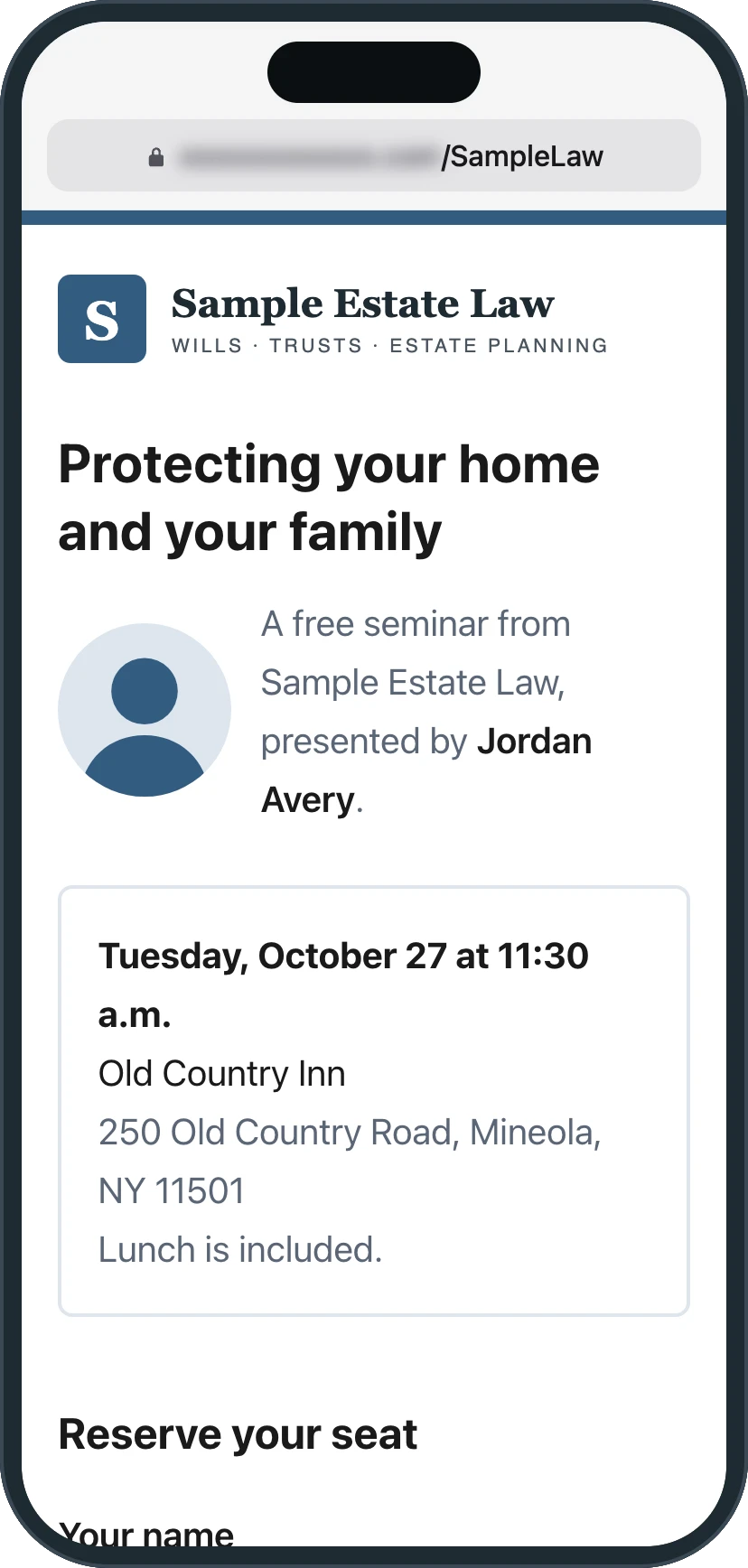 A sample firm's RSVP page on a phone, with the firm's name and logo, the seminar, the presenting attorney and the first seating.